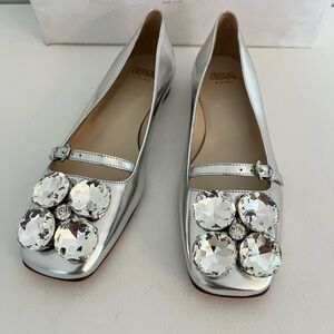 Frances Valentine Josephine Silver Ballet Flats with Crystal Embellishments